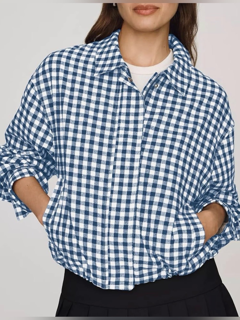 Women's Blue & White Gingham Bomber Jacket